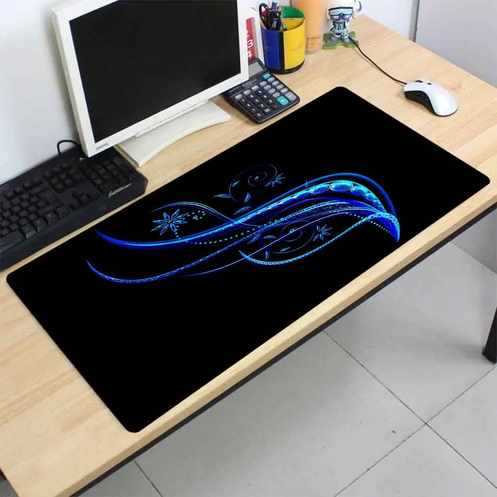Большой коврик для мыши Mairuige XXL игровой с черным фоном и синим цветочным узором
