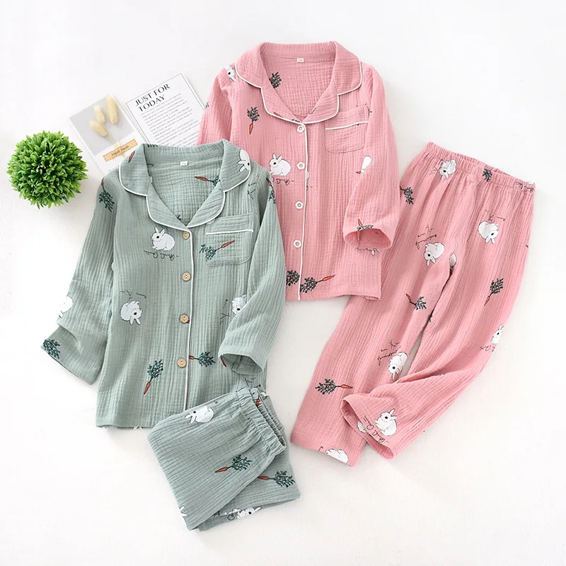 

2020 New Casual Pajamas For Women Double Gauze Long Sleeeve Top+ Pants Femme Homewear Cardigan Comfort And Breathable Sleepwear