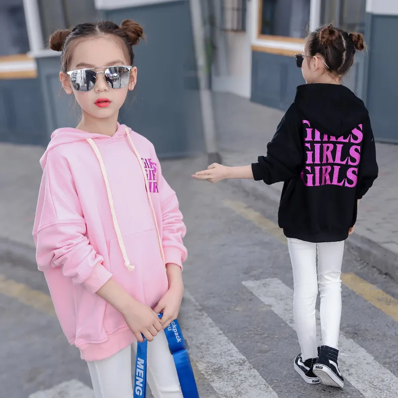 

Fashion Big Girls Hoodies Cotton Spring Teenage Girls Letter Print Hoodied Tops Kids Loose Sweatshirts Long Sleeve Outerwear