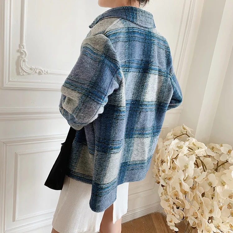 

Elfbop Women Contrast Blue Plaid Woolen Jacket Coat Outerwear With Lapel & Long Sleeve & Pockets