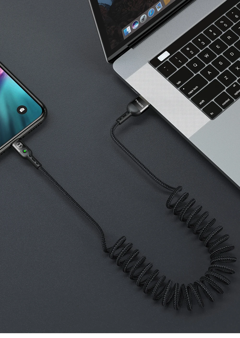 Mcdodo 1,8 м пружинный удлинитель стационарный usb type-C кабель для samsung huawei P30 Pro Xiaomi Phone QC4.0 быстрое зарядное устройство USB кабель для передачи данных