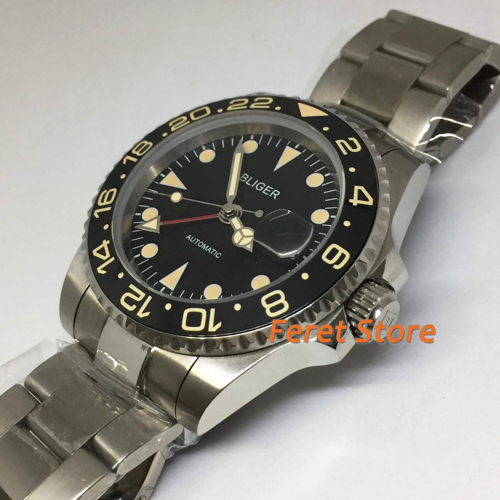 Мужские серебристые часы Bliger 40 мм из нержавеющей стали цвет красный GMT