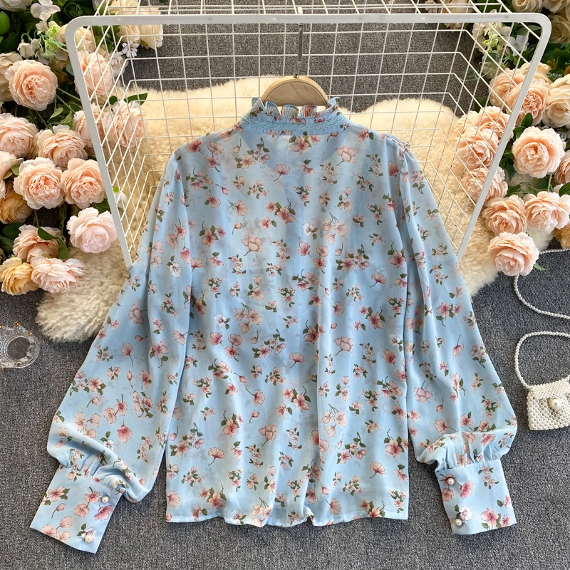 

Foamlina Women's Blouse Korean Fashion Floral Print Chiffon Shirt Single Breasted O-neck Long Sleeve Ruffles Casual Summer Tops