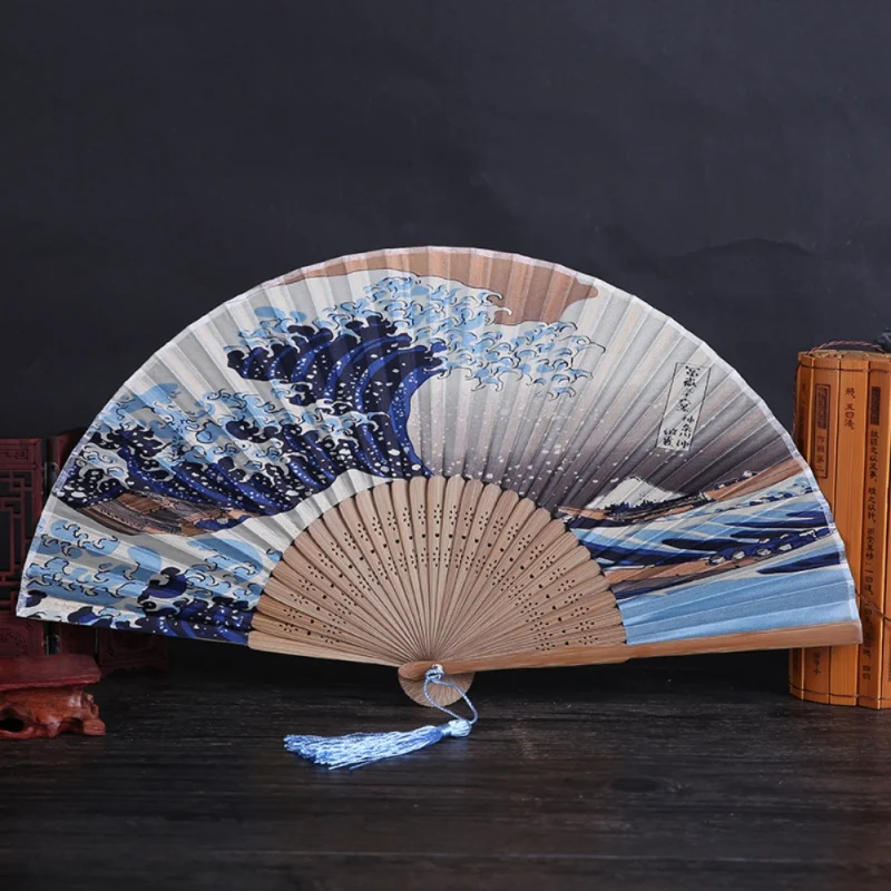 Japanese Bamboo Ribs Hand Fan Stage Prop Fujiyama/Kanagawa Sea Waves Decorative Handheld Folding with Tassel Decoration | Дом и сад
