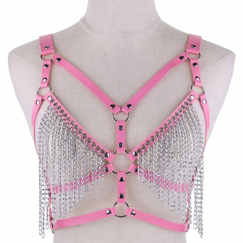 

Leather Chain Harness Body Bra Chest Goth Punk Sexy Chain Necklace Top Women Summer Festival Fashion Cage Bondage Jewelry