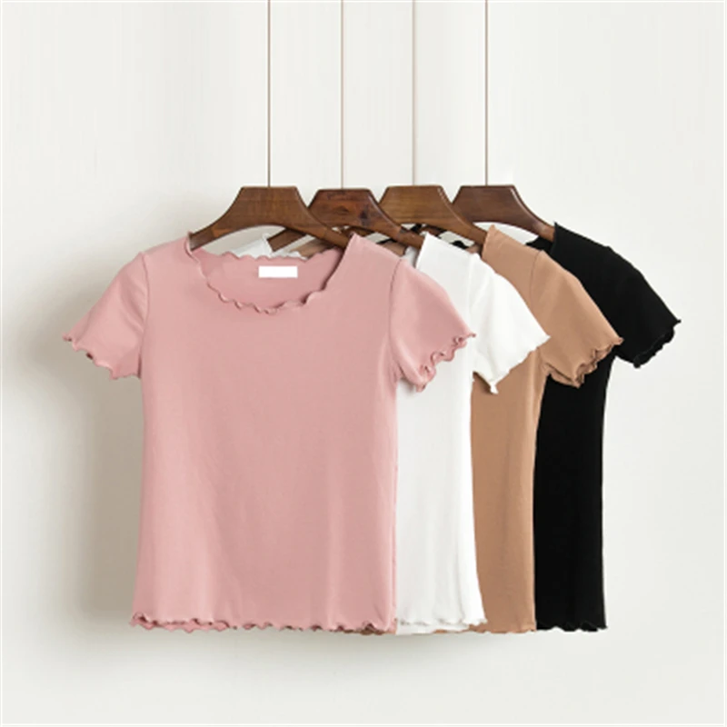 Лето 2020 модная Новая Милая однотонная тонкая короткая футболка с грибком Женский