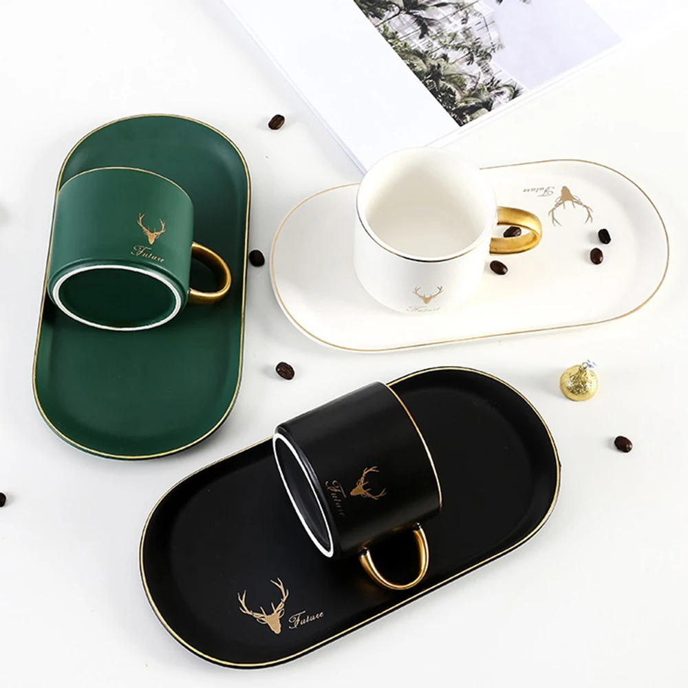 

Nordic Style Light Luxury Elk Ceramic Coffee Cup Long Oval Saucer Sets With Teaspoon Afternoon Tea Mug Teacup Dessert Plate Kits