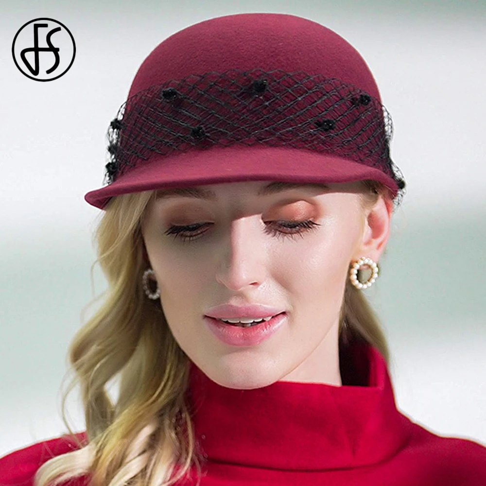 

FS Burgundy 100% Wool Felt Women Newsboy Gatsby Cap Octagonal Hats Beret Ivy Visor Ladies Peaked Hat Painter Caps With Veil