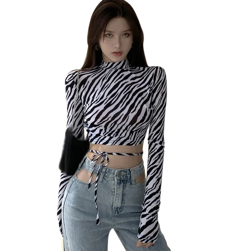 

Women's Leopard/Zebra Print Sexy Slim Backless Long Sleeve Short T-Shirt Tops 2021