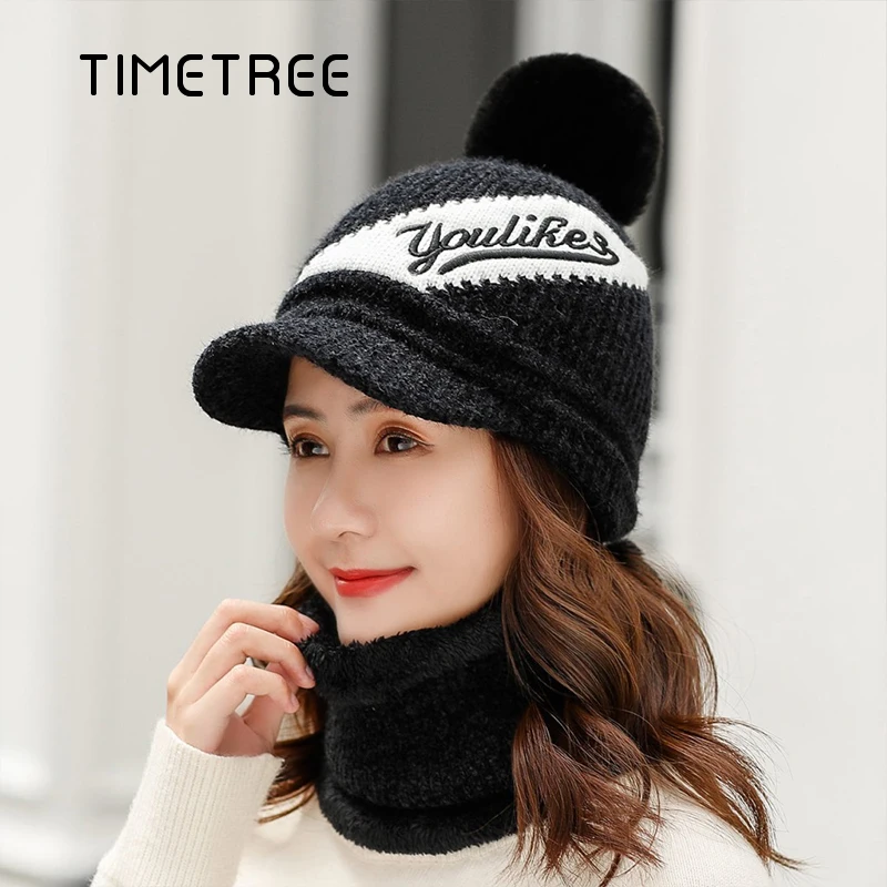 Зимний теплый шарф из двух частей плюшевая утепленная женская шапка облегающие