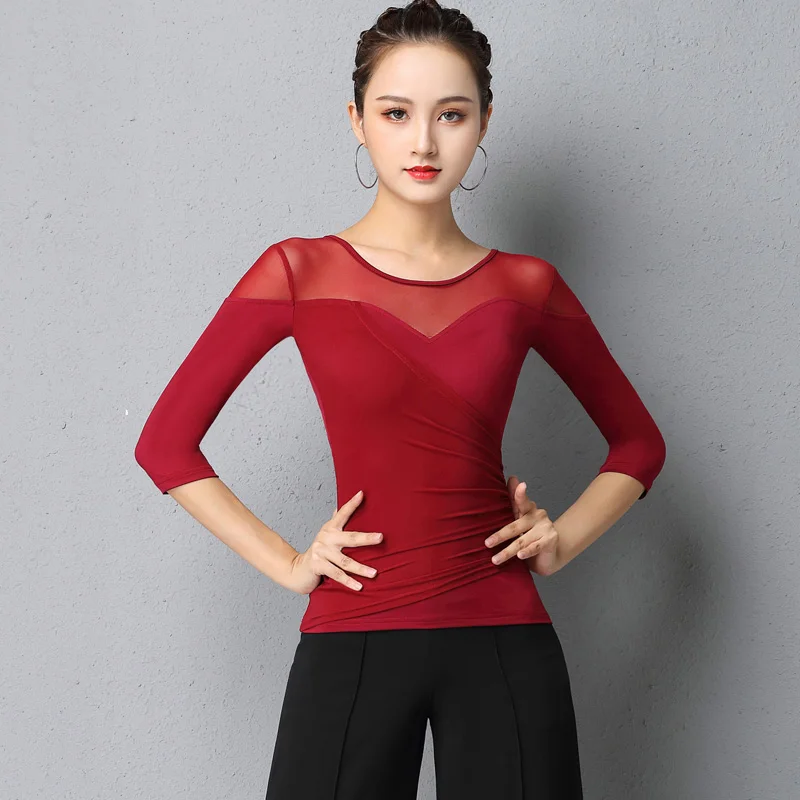 

Latin Dance Tops For Women New Sexy Mesh Clothes Modern Dance Practice Clothing Rumba Tango Samba Salsa Dance Costumes DQL4497