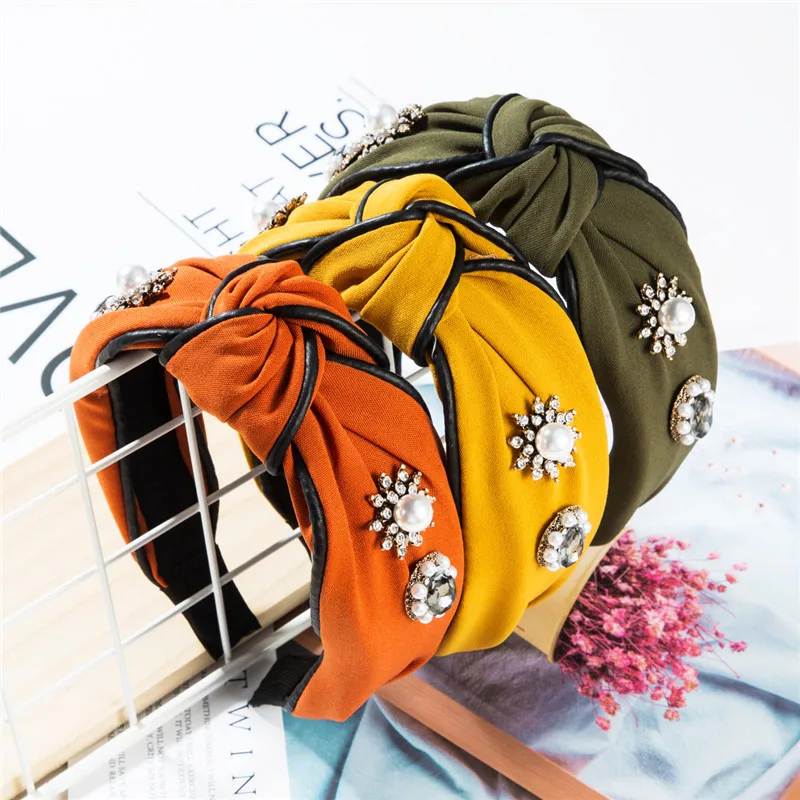 Женская повязка для волос с узлом однотонная широкая искусственным жемчугом