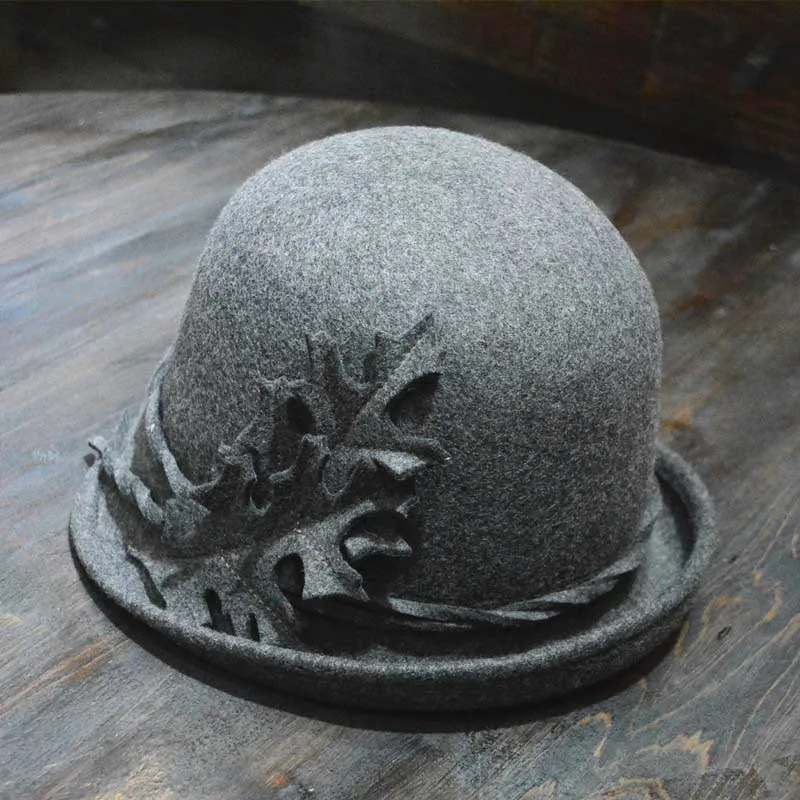 

Fibonacci 2019 New Women Wool Maple Leaf Fedora Hat Autumn Winter Noble Elegant Fashion Felt Cap Ladies Flanging Bucket Hats