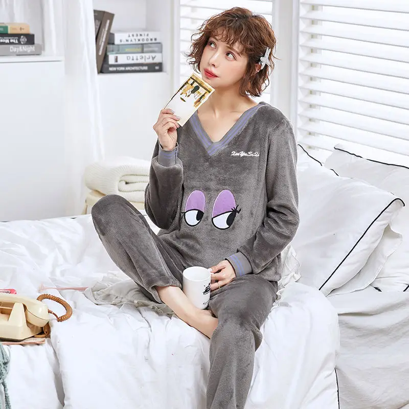 sleepwear women set Пижамы женские большие размеры пижамы из плотной ткани женские теплые длинные осенние пижамы зимний домашний костюм женская пижама домашний L-XXL - Color: sleepwear women set