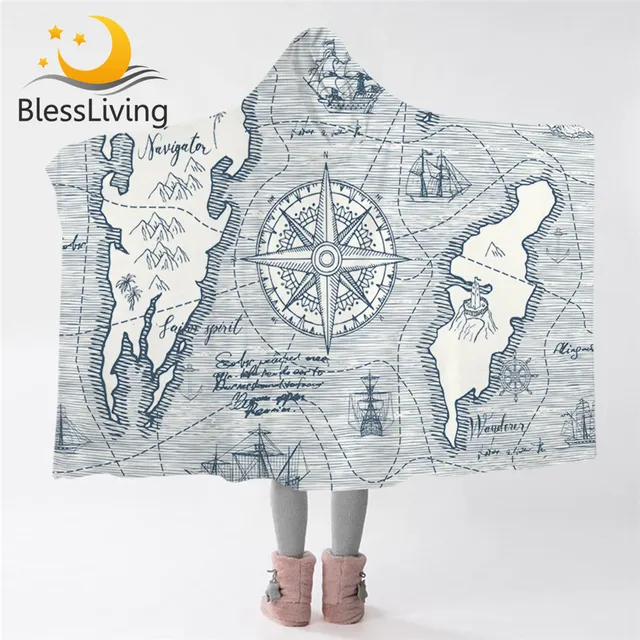 BlessLiving Compass Hooded Blanket Yacht Nautical Microfiber Blanket Hoodie Blue World Map Wearable Blanket Sailing Bedding 1PC 1