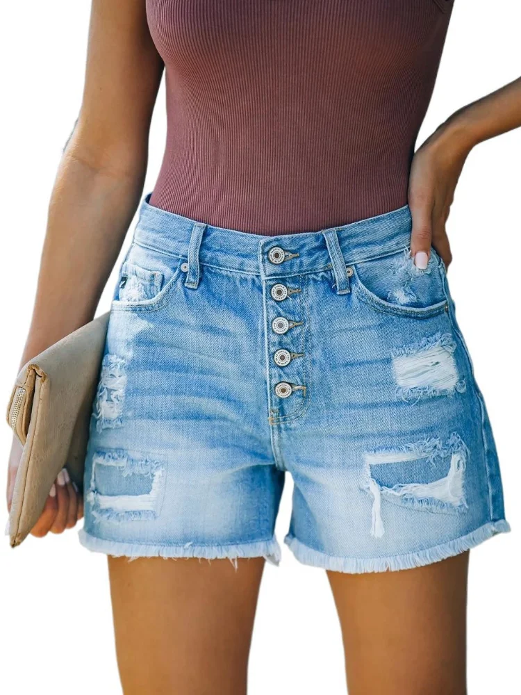 

2021 Summer Ripped Tassels Women Casual Denim Jeans Fashion Straight Leg High Waist Denim Blue Short Jeans