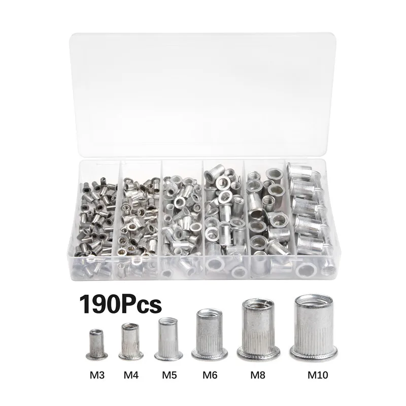 

190pcs M3 M4 M5 M6 M8 M10 Rivet Nut With Box Aluminum Alloy Rivnut Flat Head Threaded Insert Nut Rivet Cap Set Threaded Nuts