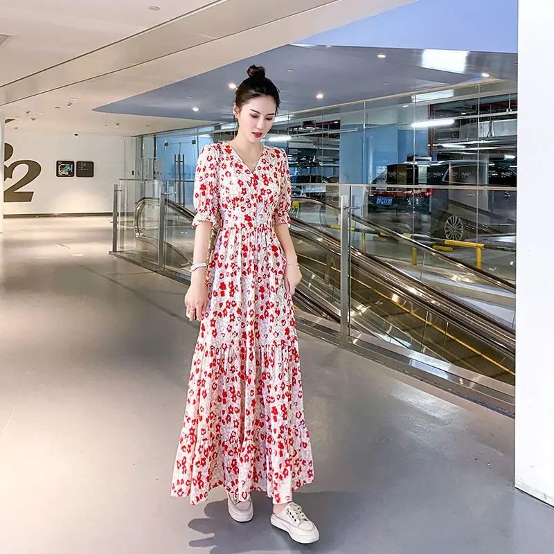 

Little Daisy Chiffon Floral Dress Female New High Waist Slim V-Neck Fairy Temperament Long Skirt
