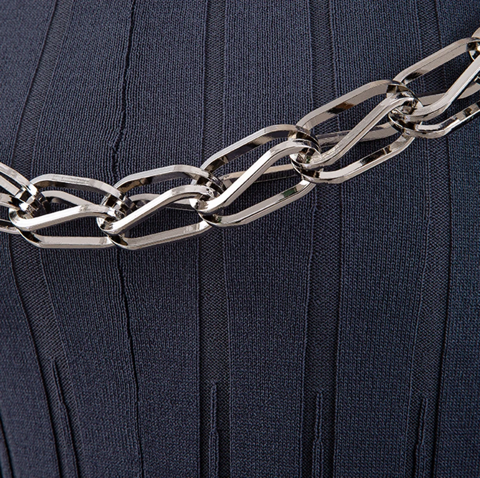 

Free Shipping 2021 New Women Elegant Knit Long Dress Sexy knitted Long Sleeve Halter Chain Hollow Dress Club Runway Party Dress