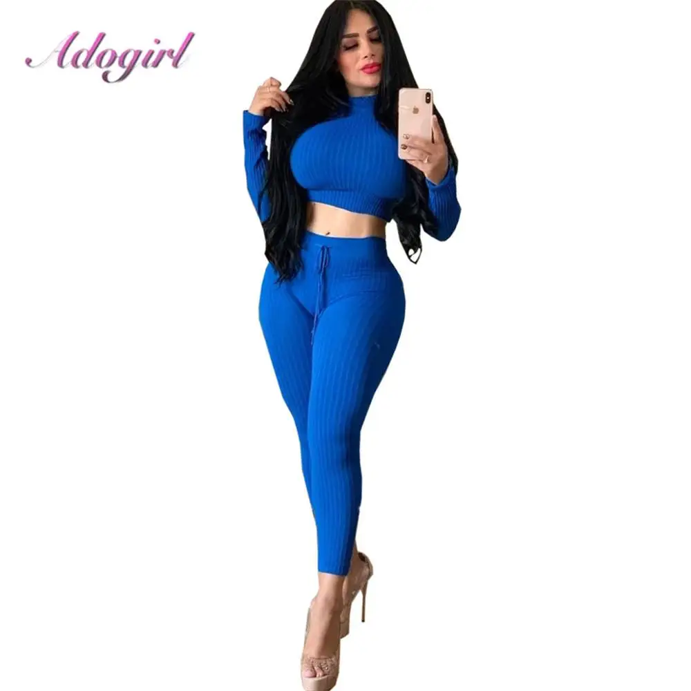 

Adogirl Knitted Ribbed two piece sets Women autumn casual solid Crop Tops Tee sweatshirt+Pencil Pants suit set outfit tracksuit