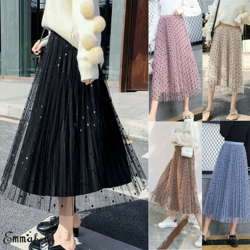 2019 осенние женские юбки модные Boho в горошек длинные с высокой талией Прозрачные
