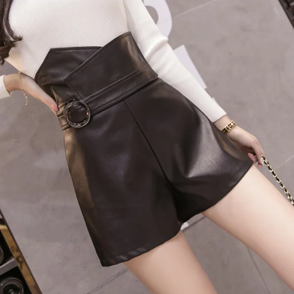 Женские шорты из искусственной кожи с высокой талией Необычные тонкие черные