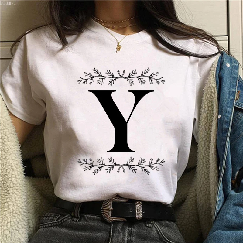 

Custom name letter combination women's High quality printing T-shirt Flower letter Font A B C D E F G Short sleeve Clothes