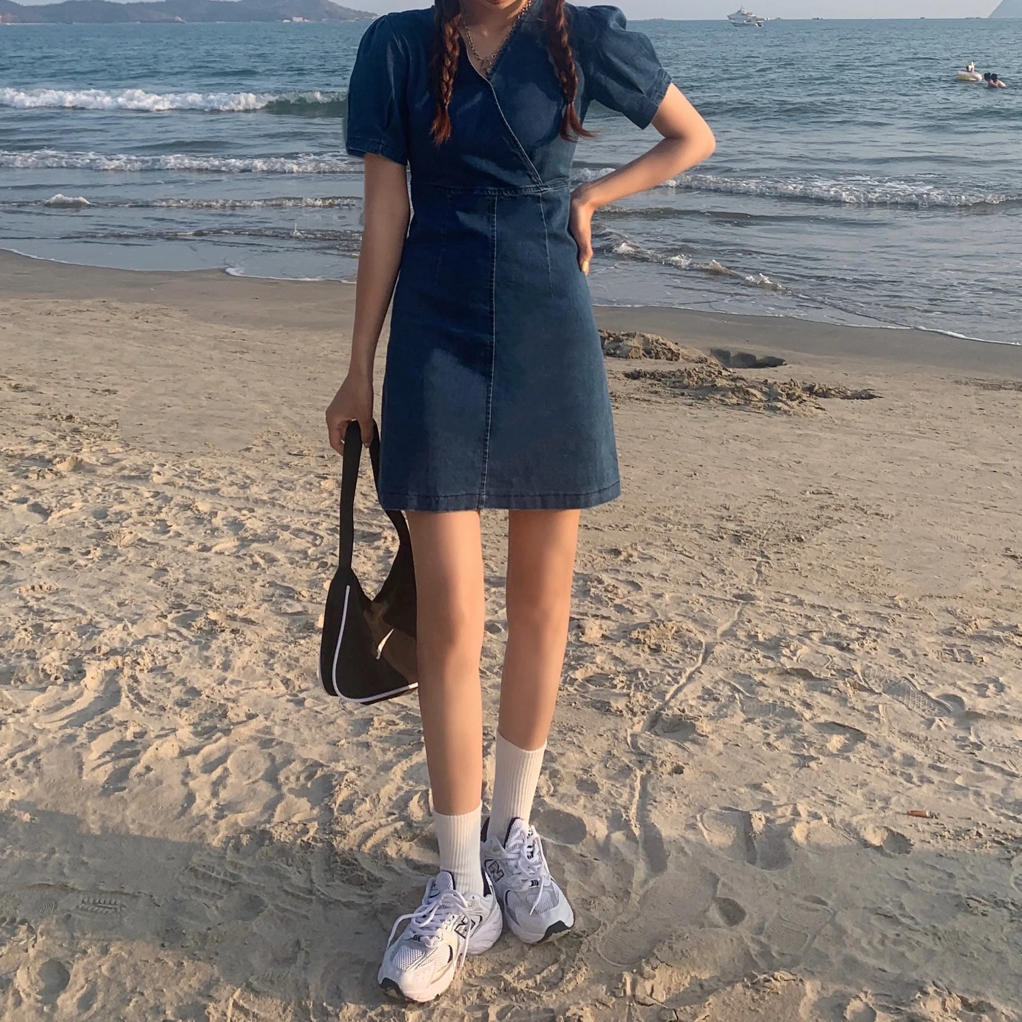 

Plus Size Vintage Denim Dress Women 2021 Summer Korean Style V Neck Short Sleeve Slim High Waist A Line Blue Jeans Dress D11