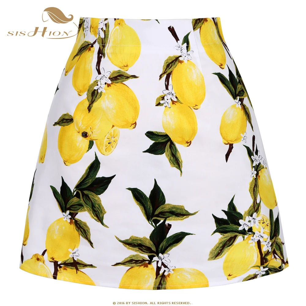 Белый с принтом лимонами хлопковые юбки ss0008 высокой талией размера плюс в