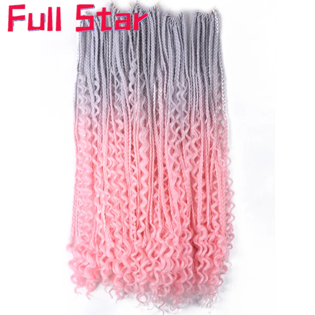 

Full Star Box Braids Curly Ends Synthetic Crochet Hair Extension 12 Strands 22" Grey Ombre pink Green Crotchet Hair For Women