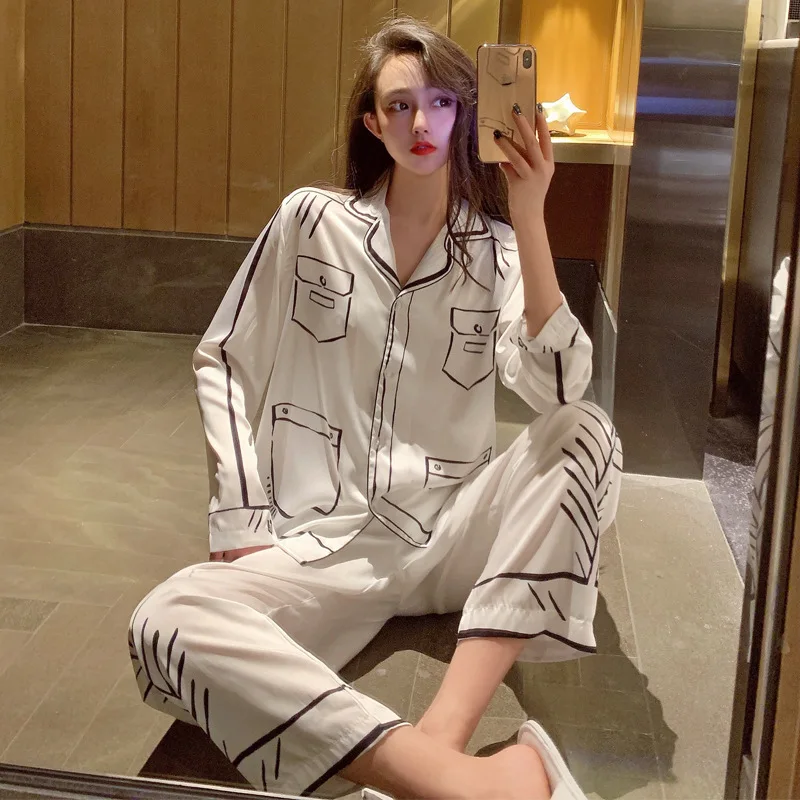 

Spring/autumn New Long-sleeve Ice Silk Women Pajamas Set Summer Casual Fashion Silk Homewear Comfy Two-piece Pijamas De Mujer