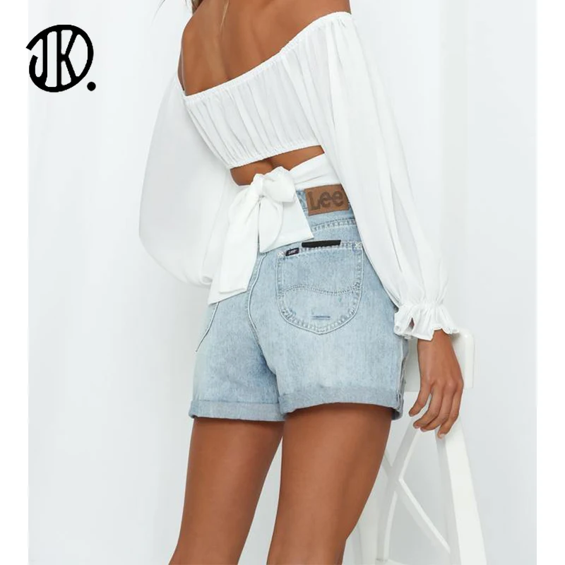 

Fashion Lantern Sleeve Ladies T-shirt Sexy Solid Color One Word Neck Pullover Ladies Bandage Crop T Shirt For Beach Pleated Tees