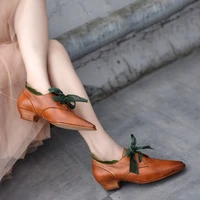 artmu original retro genuine leather women shoes thick heels handmade lace up low heels square toe cross tied shoes 5799 2