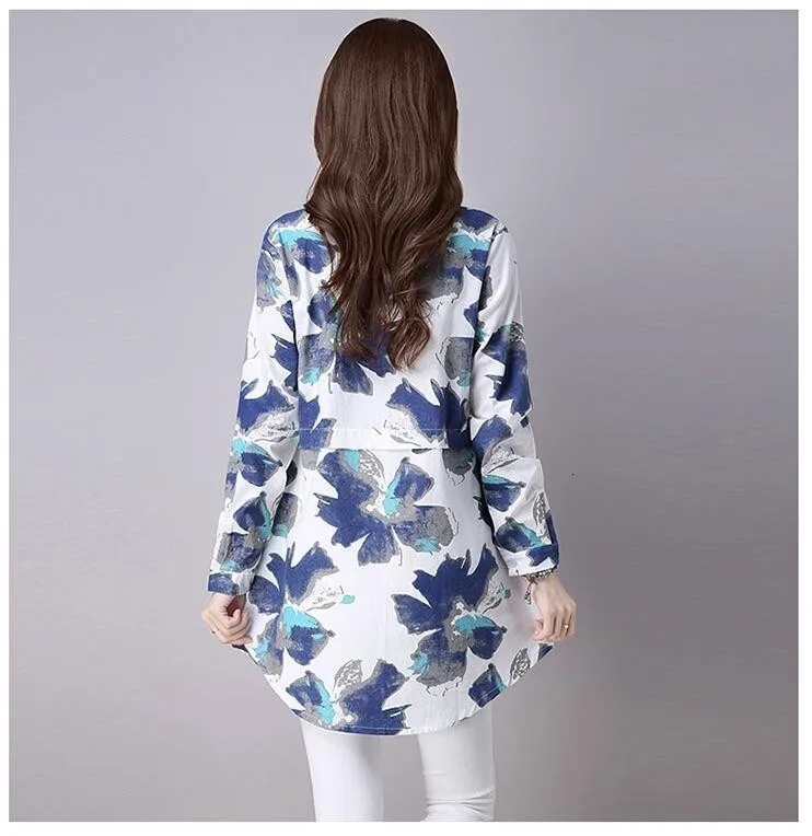3009 Chinese Linen Shirt Women White Long Sleeve Retro Floral Print Shirt Women Cotton Long Linen Blouse Female Vintage Tunics