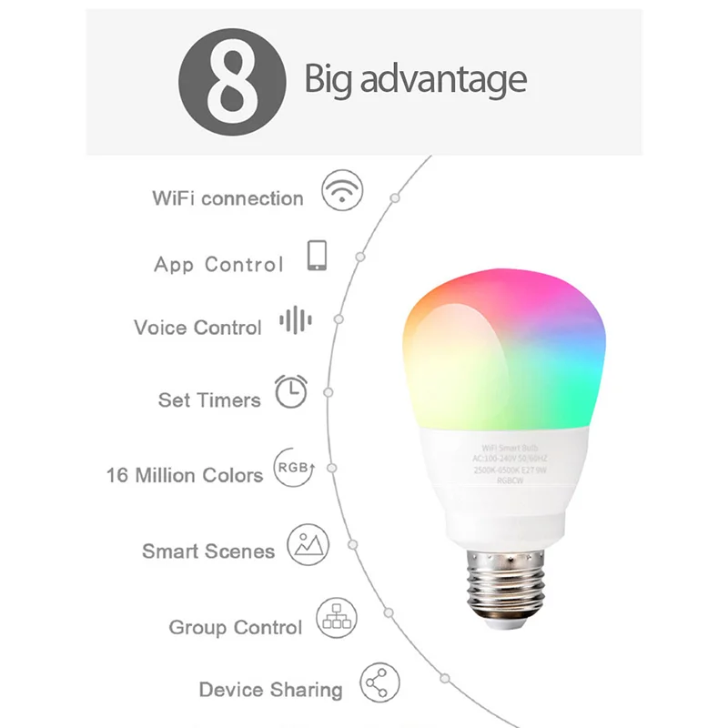 Wi Fi умный светодиодный светильник лампы RGB с регулируемой яркостью мобильный