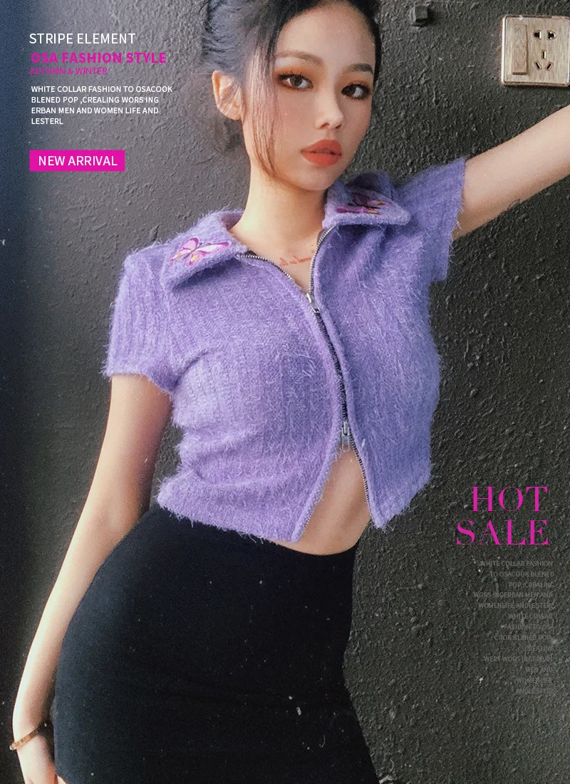 

Chic Homemade New Double Zipper Design Short-Sleeved T-shirt Women's High Waist Butterfly Lapel Summer Top Fashion