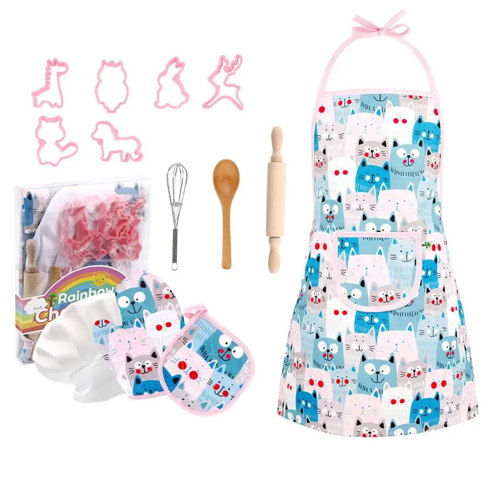 

13 Pcs Apron For Little Girls Kids Cooking Baking Set Chef Hat Mitt & Utensil For Toddler Dress Up Chef Costume Role Play