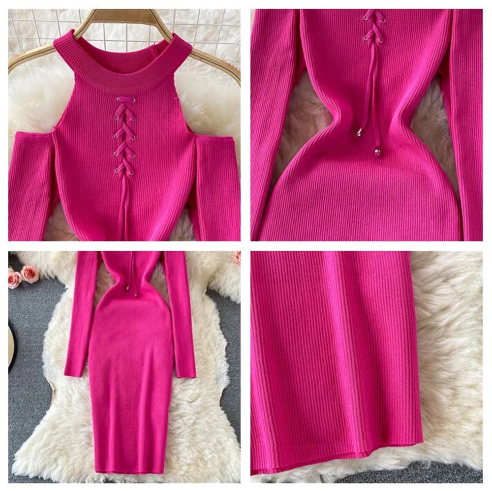 

Women One Shoulder Halter Dress Autumn Sexy Long Sleeve Knitted Dresses Fashion Skinny Vestidos Elegant Robe Female Clothing