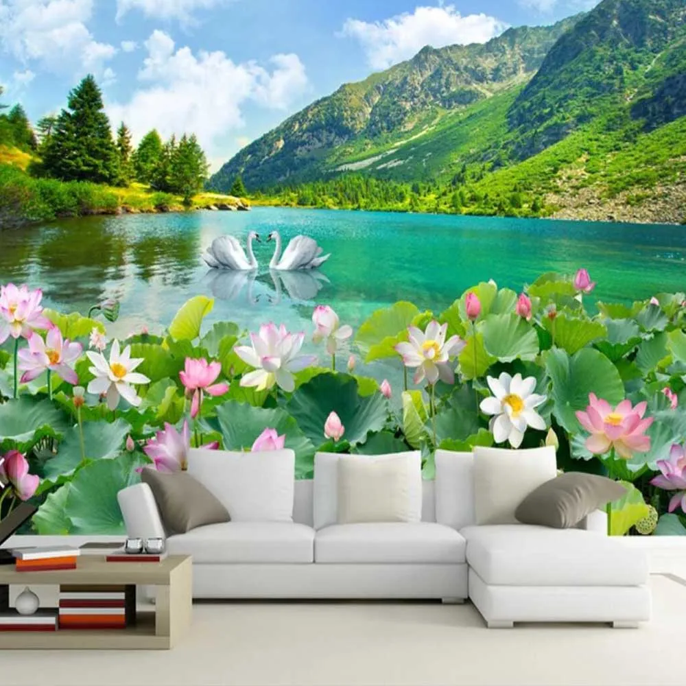 3d-тиснение водная Лилия лебедь цветок HD печать Настенные обои для гостиной