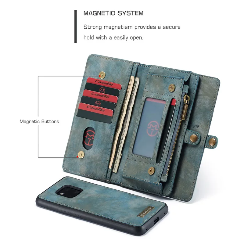 

For Huawei Mate 20 Pro Zipper Wallet Case Flip Leather Card Slots Phone Bag For Huawei P30 P20 Lite Detachable Stand Coque Etui