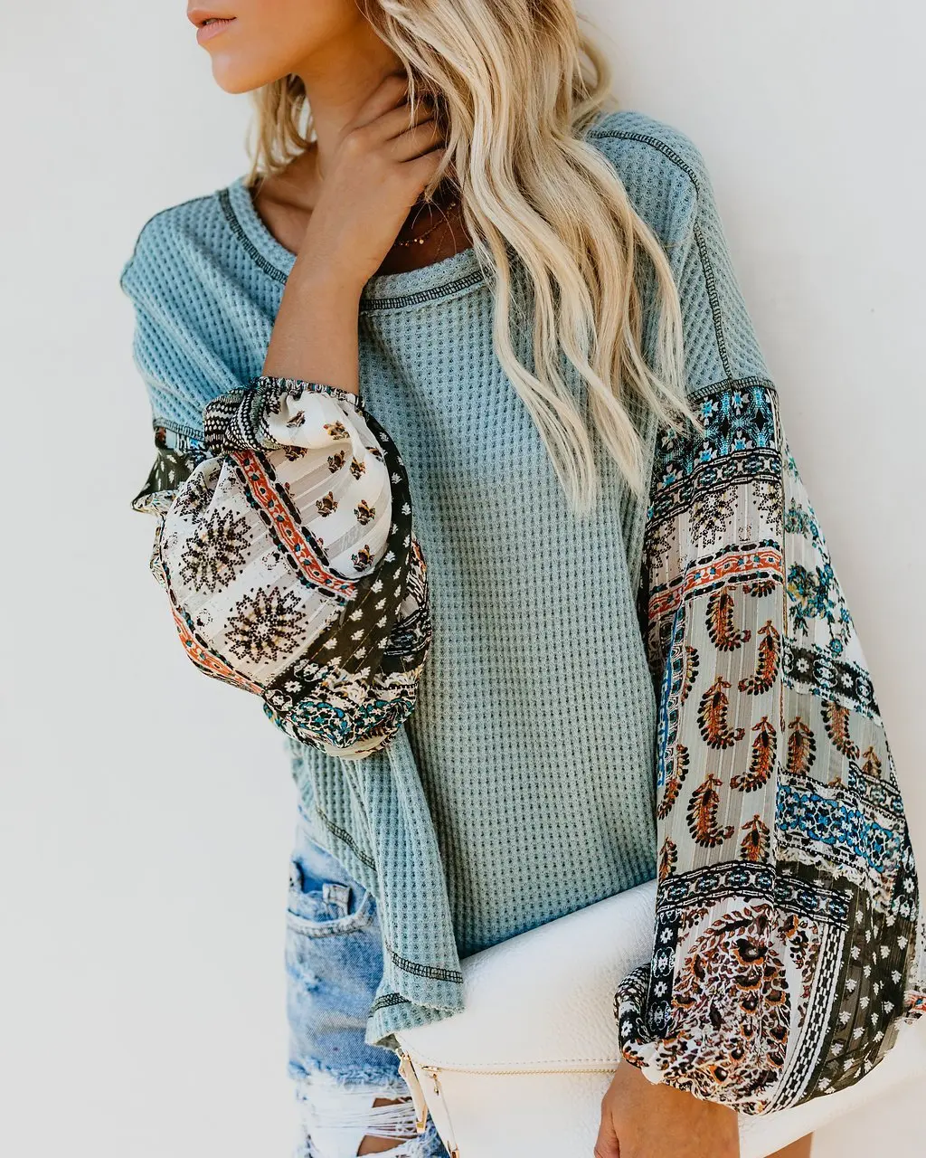 

Women Pullovers Knitted Sweater Autumn O-Neck Lantern Sleeve Boho Knit Patchwork Sweater Loose Jumper Tops White Blue Red