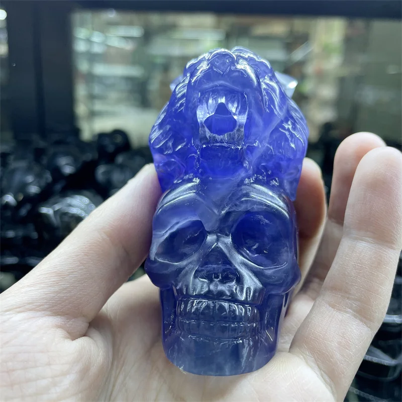 

Natural Purple Fluorite Tiger Skull Figurine Crystal Carved Statue Home Ornament Collectible Gift Room Decor 1pcs