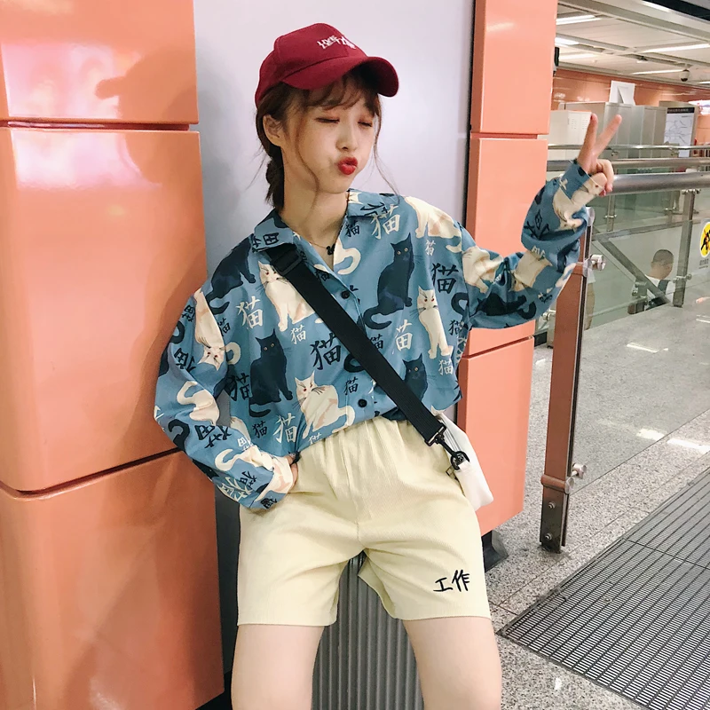 Женская рубашка с длинным рукавом и принтом кота Повседневная летняя Kawaii Ulzzang