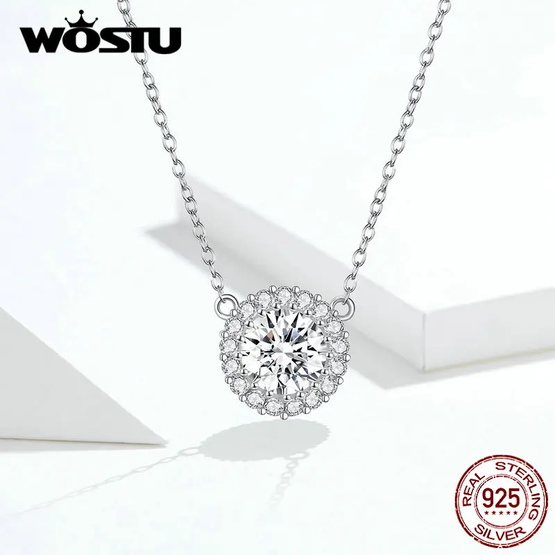 WOSTU 100% 925 Sterling Silver Delicate Zircon Necklaces Round Pendant For Women Long Chain Link Wedding Jewelry DXN345 | Украшения и