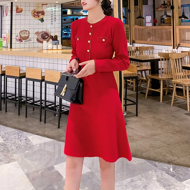 Новинка весна осень 2021 стильное красное платье средней длины большого размера