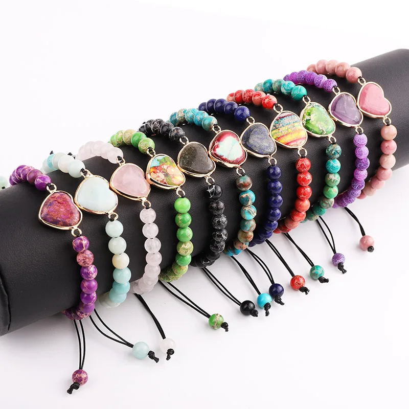 

New Design Natural Stone Colorful Imperial Stone Heart Charm Braided Friendship Adjustable Bracelet Women Jewelry Gift