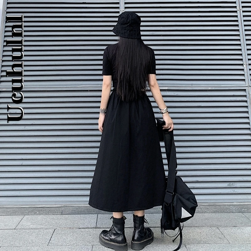 

Ucuhulnl Korean Summer New Harajuku Tooling Style Women Skirt Streetwear Casual Vintage Irregular Zipper High Waist A-Line Black