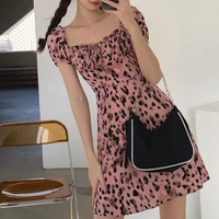 elegant lace up bow square collar women dress french style chic pink leopard print short sleeve dresses ladies summer mini dress