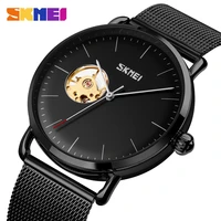 skmei simple automatic mechanical wristwatch men hollow dial business mens watch stainless steel net strap fashion clock reloj