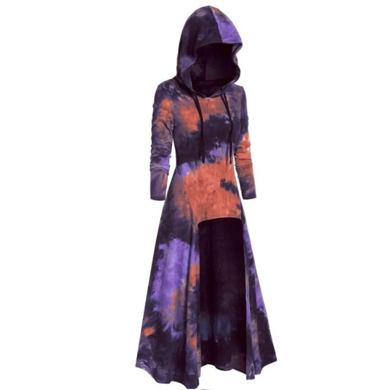 

Colorful Women Cosplay Tie Dye Long Sleeved Hooded Dress Shorter Front And Longer Back Hem Drop Ship